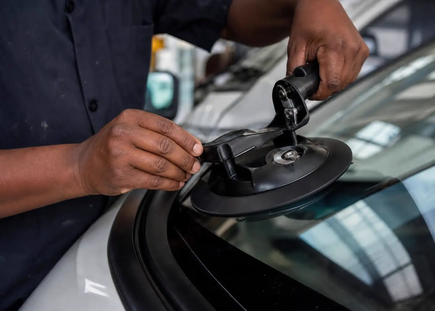 Close-up of a technician's bare hands applying a suction cup lifter during a windscreen replacement