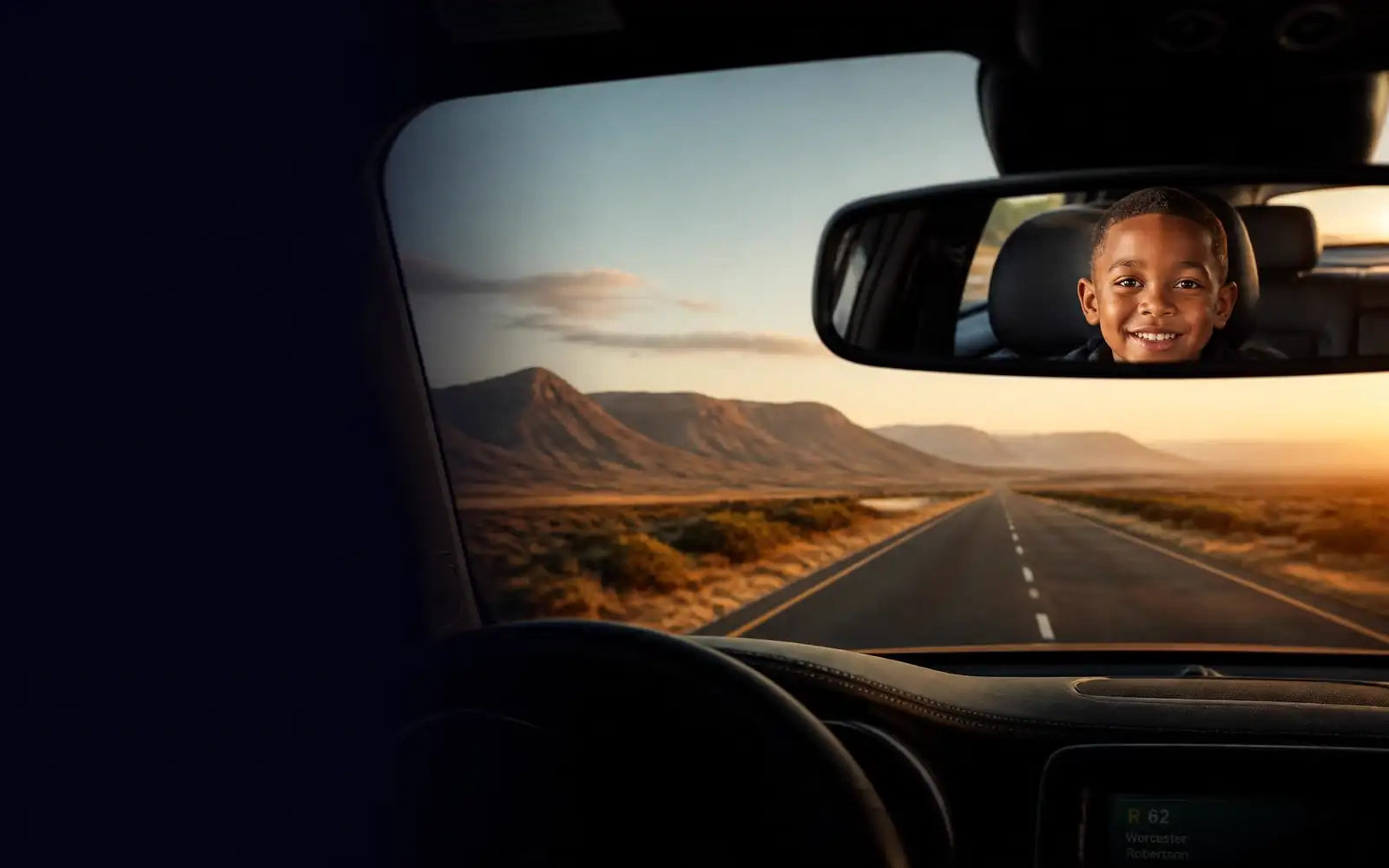 Family driving on an open South African road at golden hour, viewed through a crystal-clear windscreen